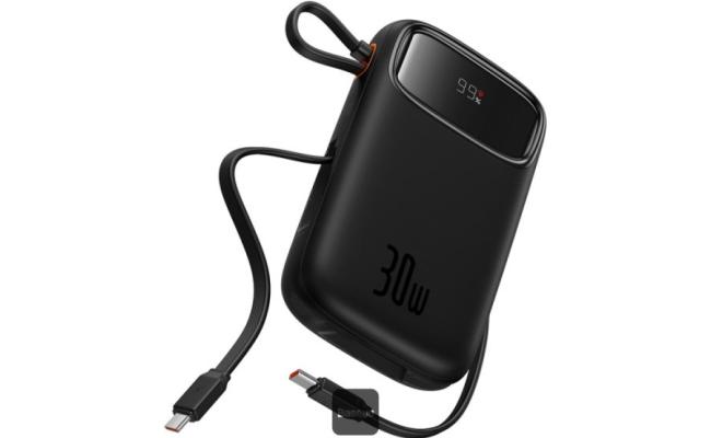 Baseus QPow2 20000mAh Digital Display Fast Charge Power Bank 30W With Built-in Dual Type-C Cable - Black